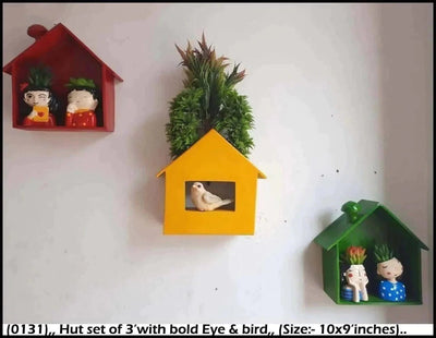 Spacio Decor Pots Pot and Hut Hut Set of 3 with Bold Eye and Bird