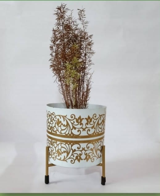 Sparkle White and black iron pot with stand Iron planter set of 2